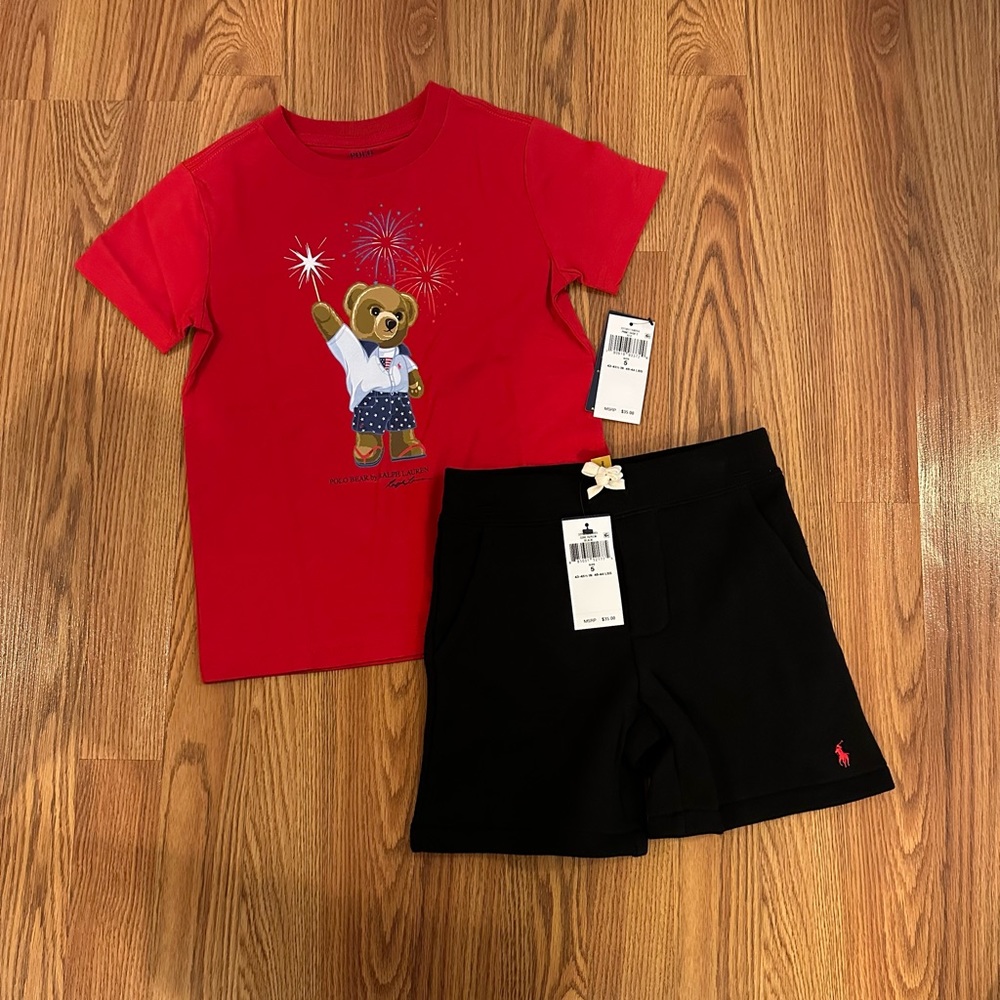 Polo Ralph Lauren Polo Bear Cotton Jersey Tee + Black Shorts, Size 5T